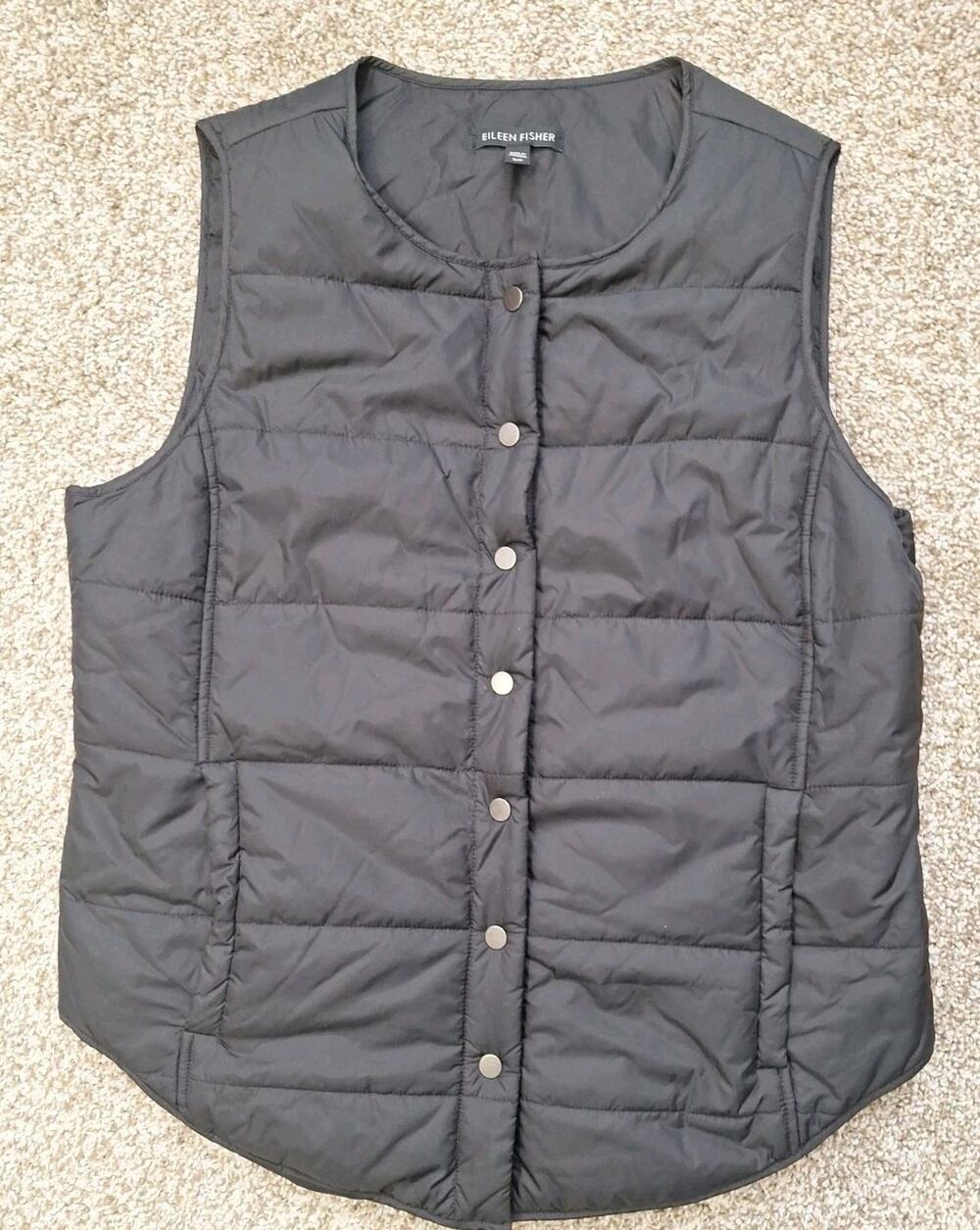Eileen Fisher Black Quilted Puffer Vest Snap Lightweight Sleeveless Jacket S/P